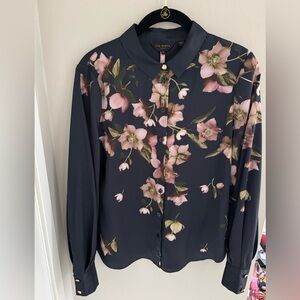 Ted Baker Laniie Arboretum full-sleeve blouse in navy with a floral print.